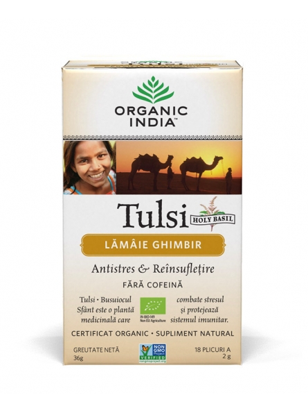 Ceai Tulsi bio (Busuioc Sfant) cu lamaie si ghimbir, antistres si reinsufletire 18 plicuri Organic India