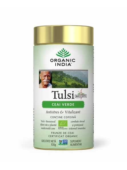 Ceai Tulsi bio (Busuioc Sfant) cu ceai verde, antistres si vitalizant 100g Organic India