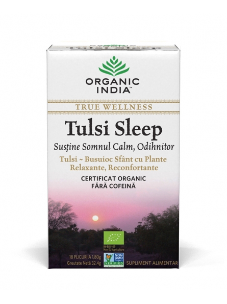 Ceai Tulsi bio (Busuioc Sfant) Sleep cu plante relaxante, reconfortante 18 plicuri Organic India