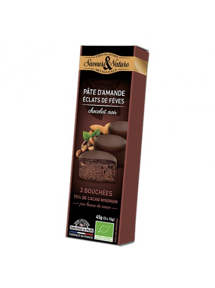 Praline bio cu ciocolata neagra 70% cacao, martipan si boabe de cacao 45g Saveurs & Nature