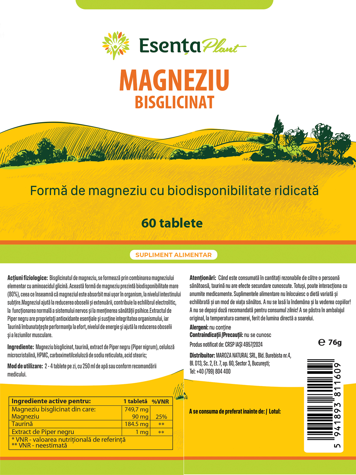 Magneziu bisglicinat 60 tablete