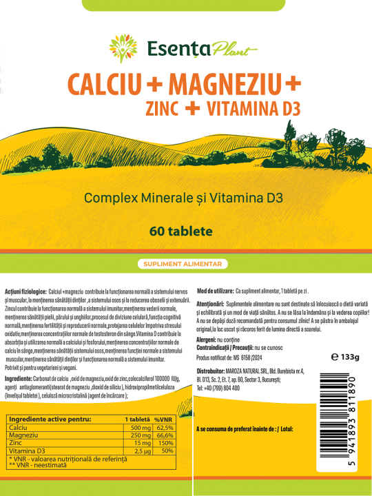 Calciu Magneziu Zinc D3 60 tablete Esenta Plant